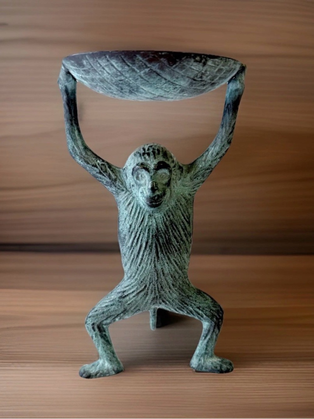 Vtg Verdigris Patina Metal Monkey w/ Oval Tray for Jewelry, Soap, Business Cards